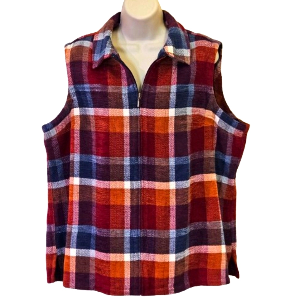 Allison Daley Red/Blue Multi-Color Plaid Sleeveless Vest, Size 18